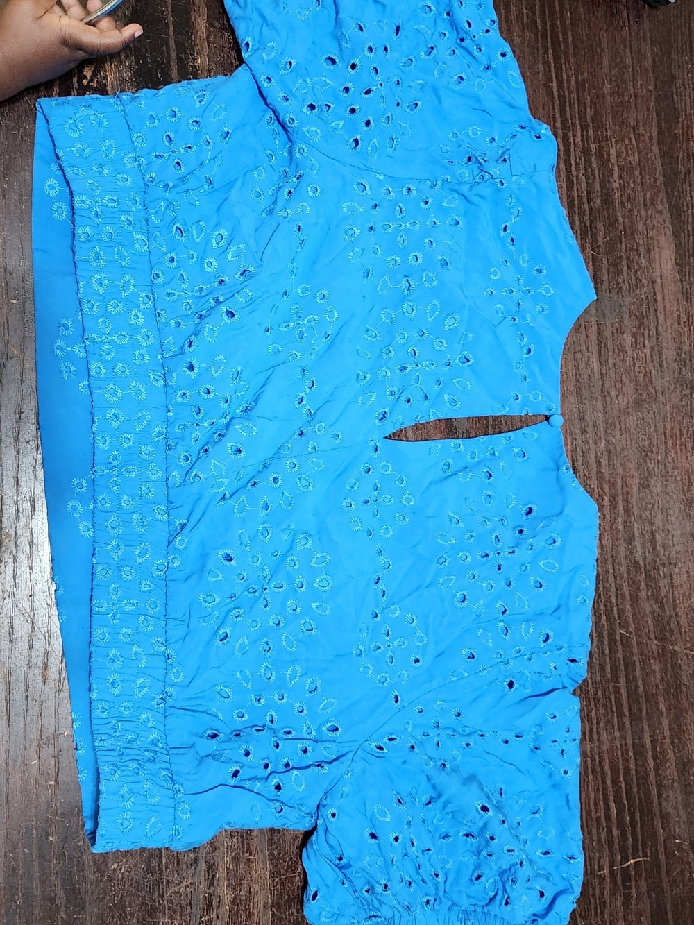 Blue Eyelet Puff-Sleeve Crop Top